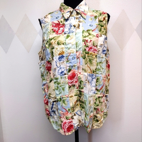Liz Claiborne Lizwear floral print patchwork sleeveless button front top size XL - Picture 1 of 10